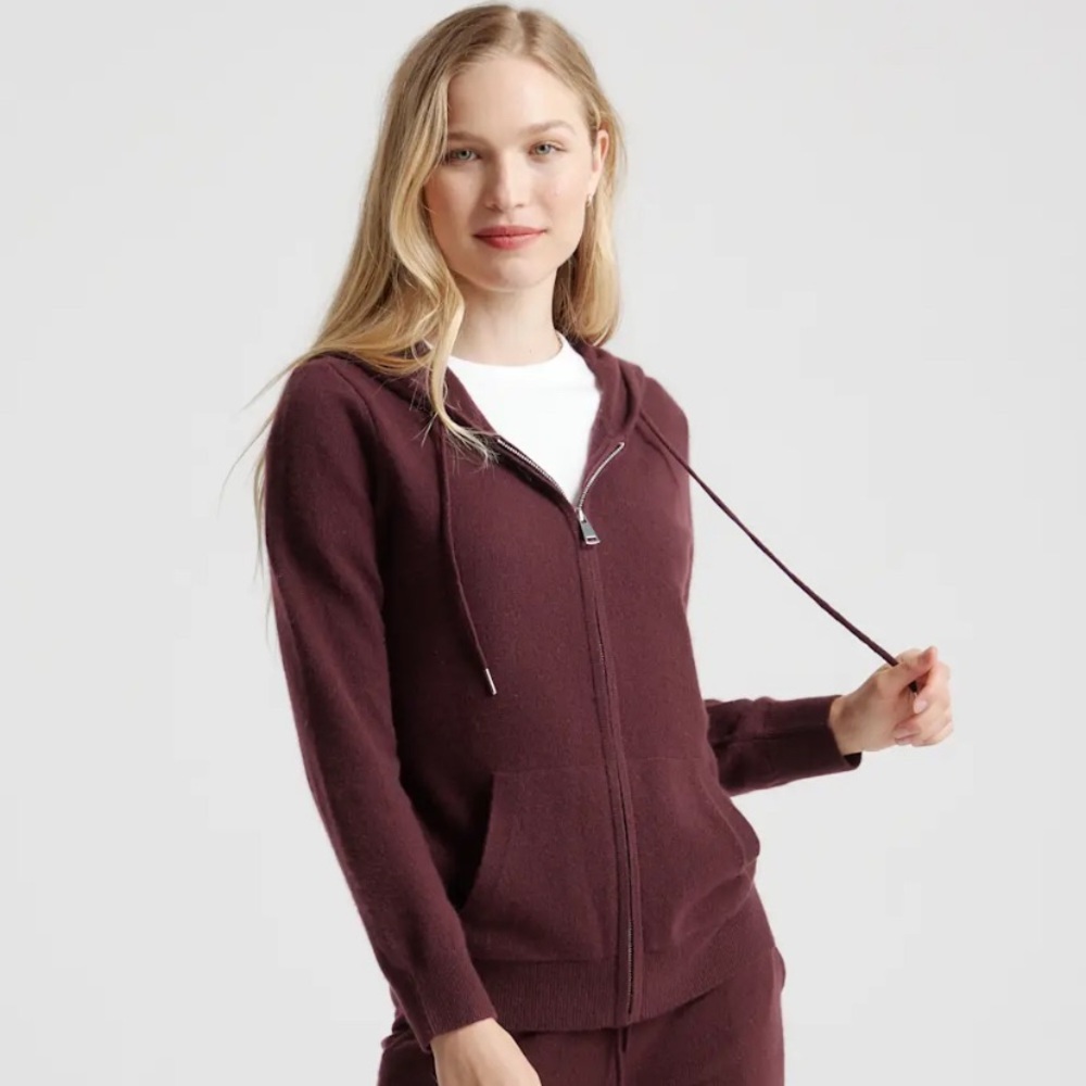 Quince 100% Cashmere Full Zip Hoodie Burgundy Small